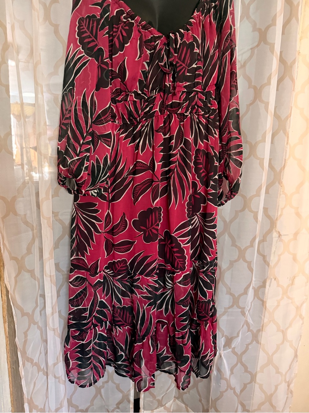 Pink and Black Floral Tie-Front Midi Dress
